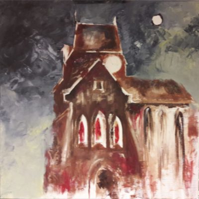 701 kerk in N Normandie 70x70cm met 100